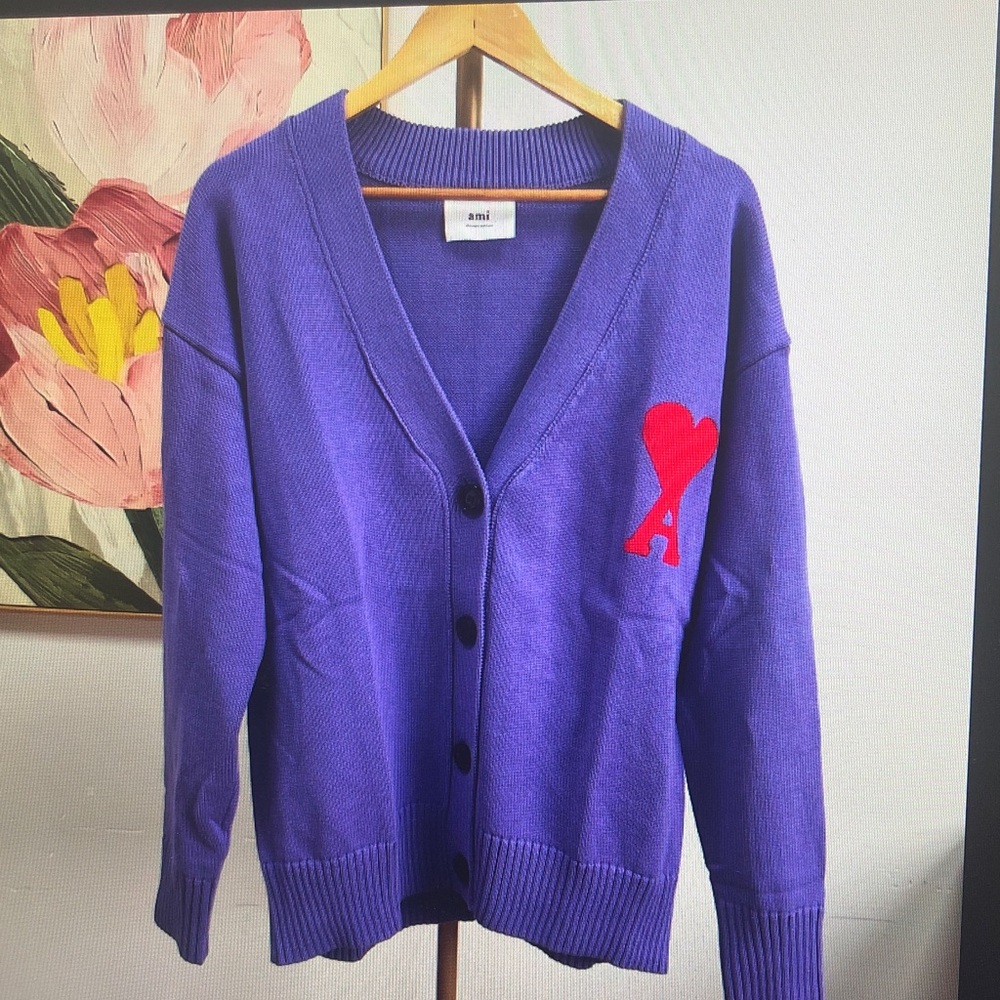 Ami Vivid Purple Cardigan with Red Heart Accent